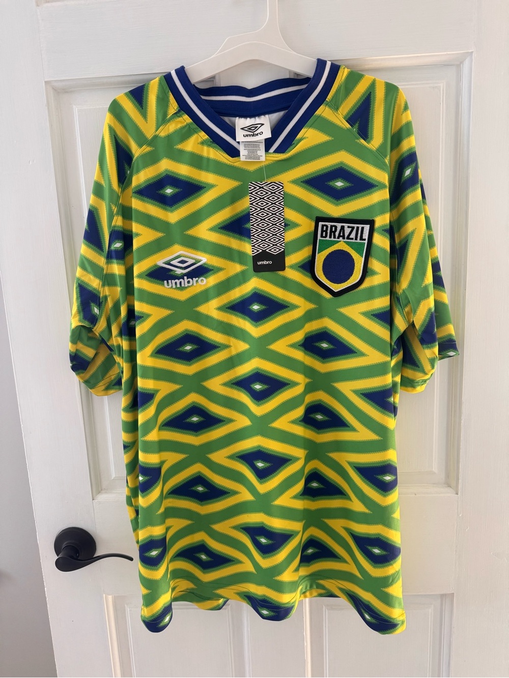 Umbro Brazil Green & Yellow Retro Diamond-Pattern Soccer Jersey nwt